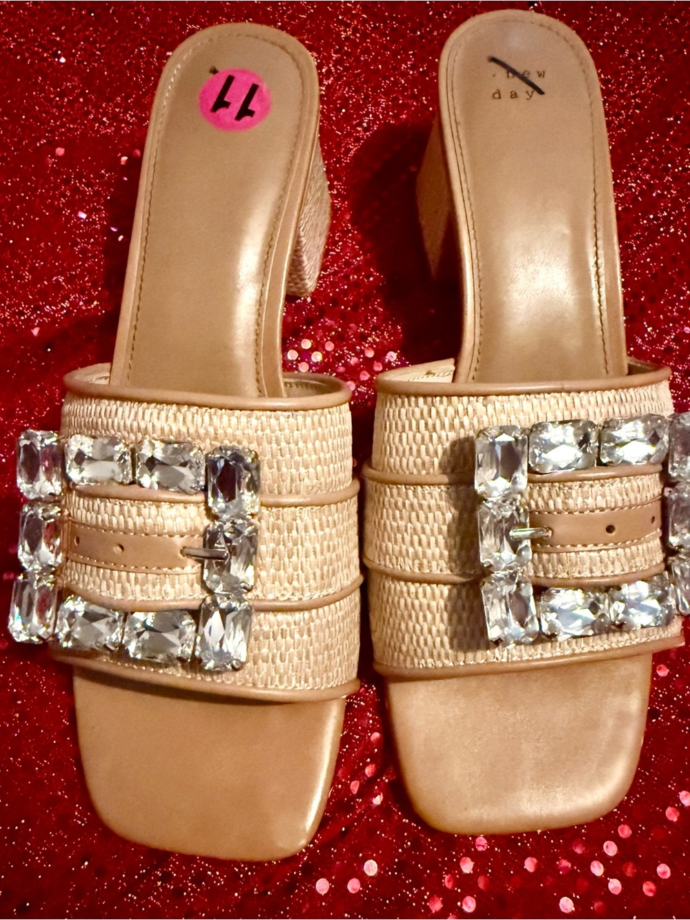 Wedge Slide Sandals with Crystal Buckle - Beige